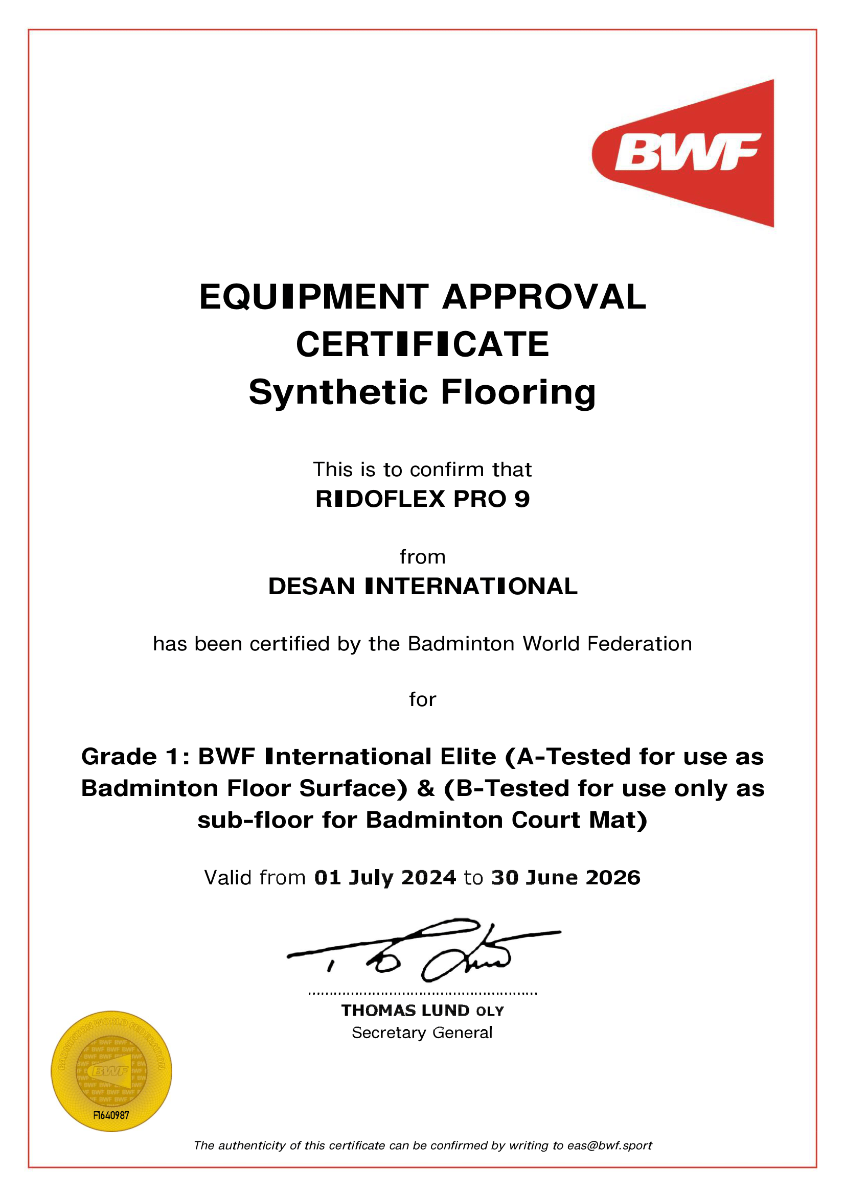 Badminton World Federation certificate