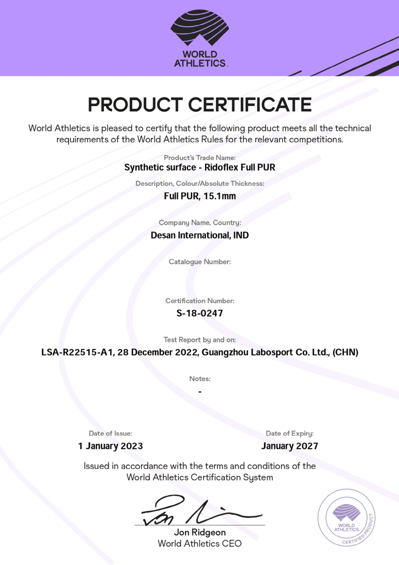 World Athletics certificate